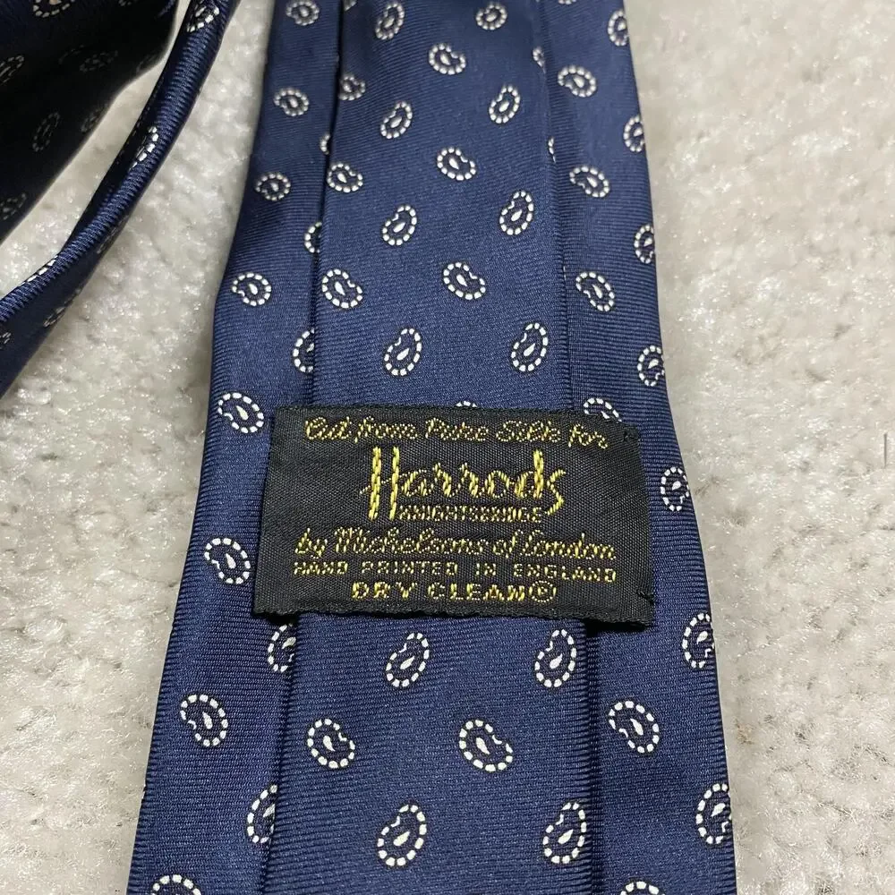 VTG Harrods Tie Mens Blue Silk Paisley Hand Printed England Formal Necktie